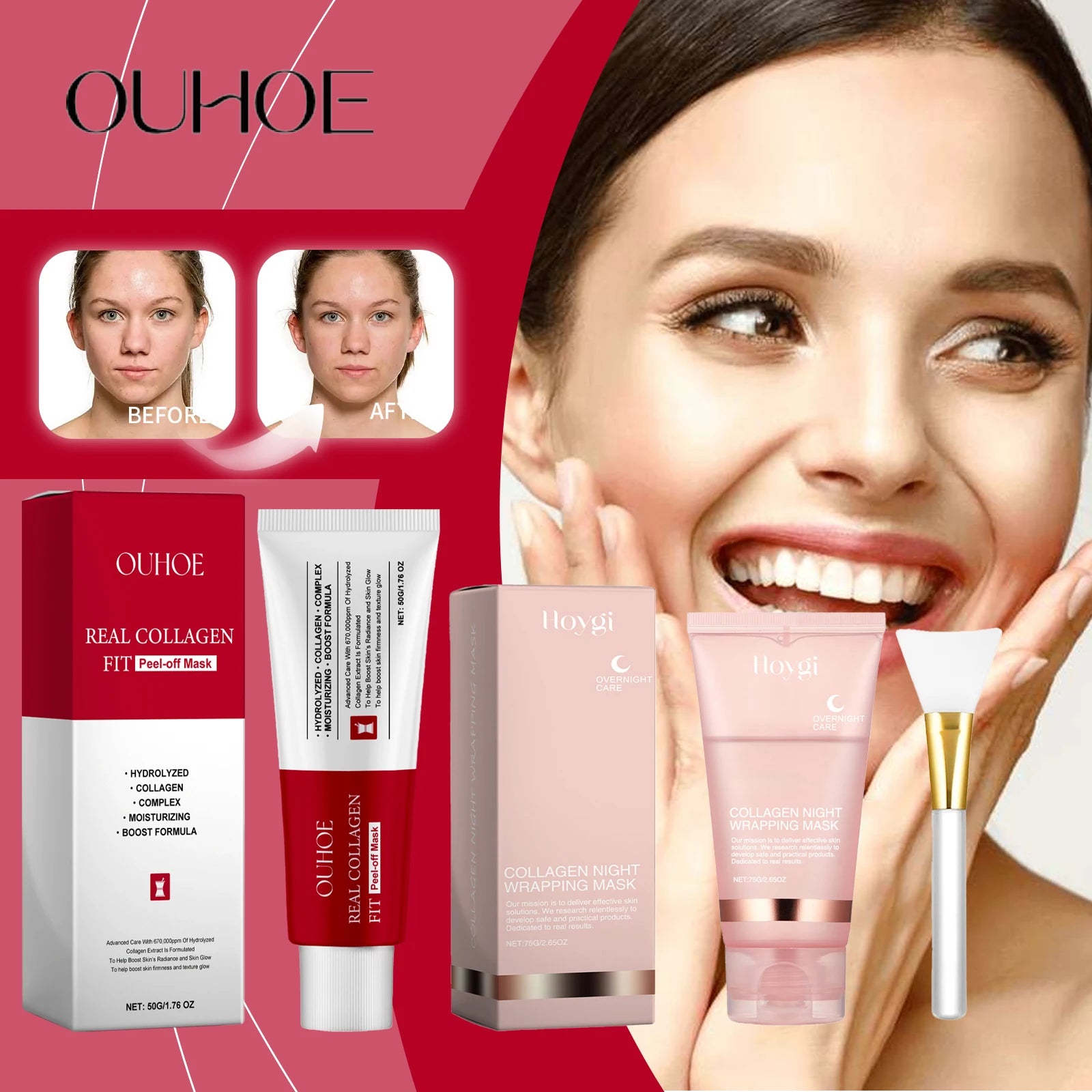 Ouhoe Collagen Peel Off Mask with Brush – Anti-Wrinkle & Hydrating Facial Treatment